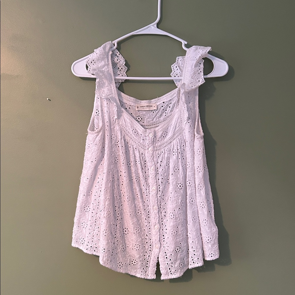 Lucky Brand White Eyelet Ruffle Sleeve Blouse